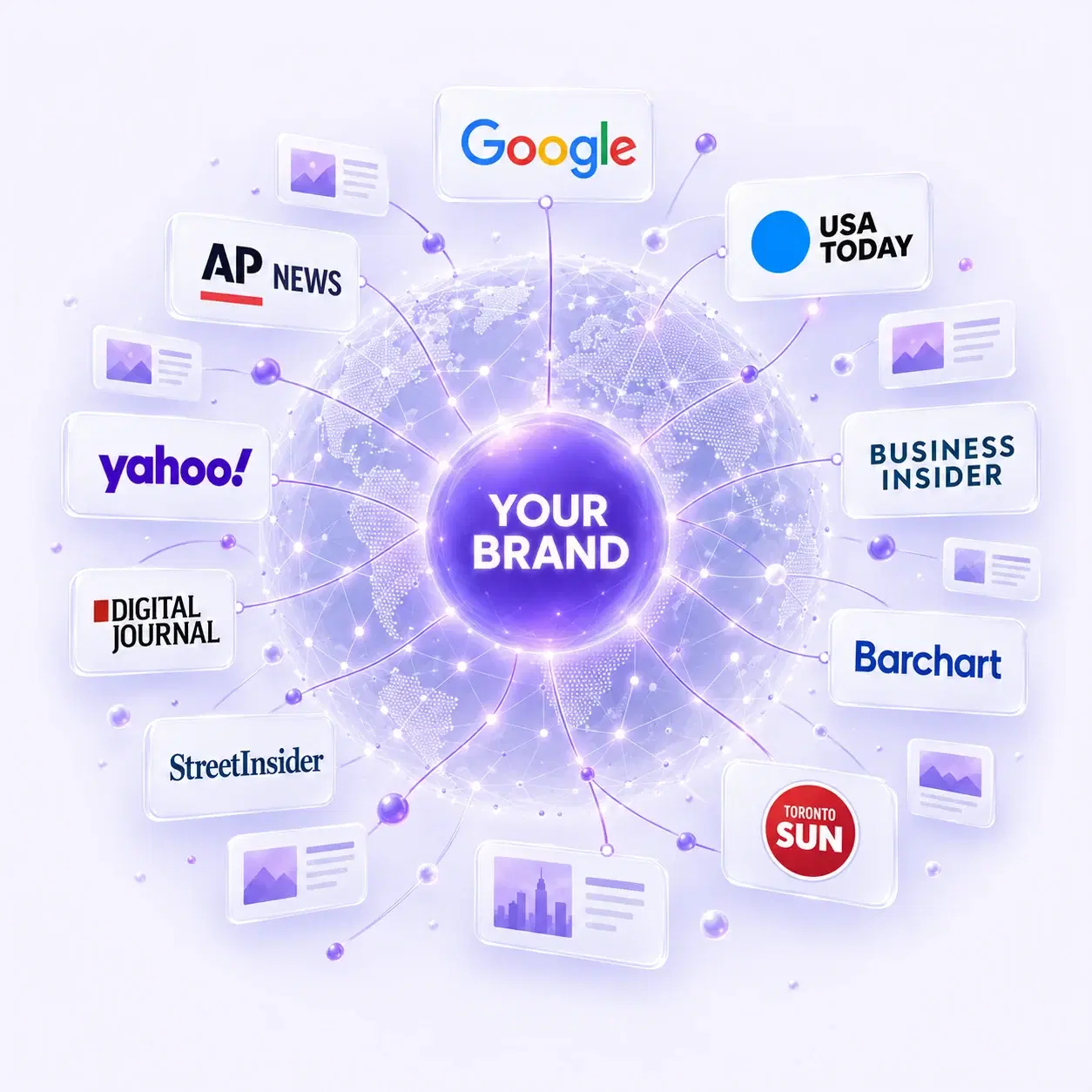 互联网传播示意：品牌位于星群网络中心，连接 AP News、USA Today 等媒体，以及 Google 搜索入口。