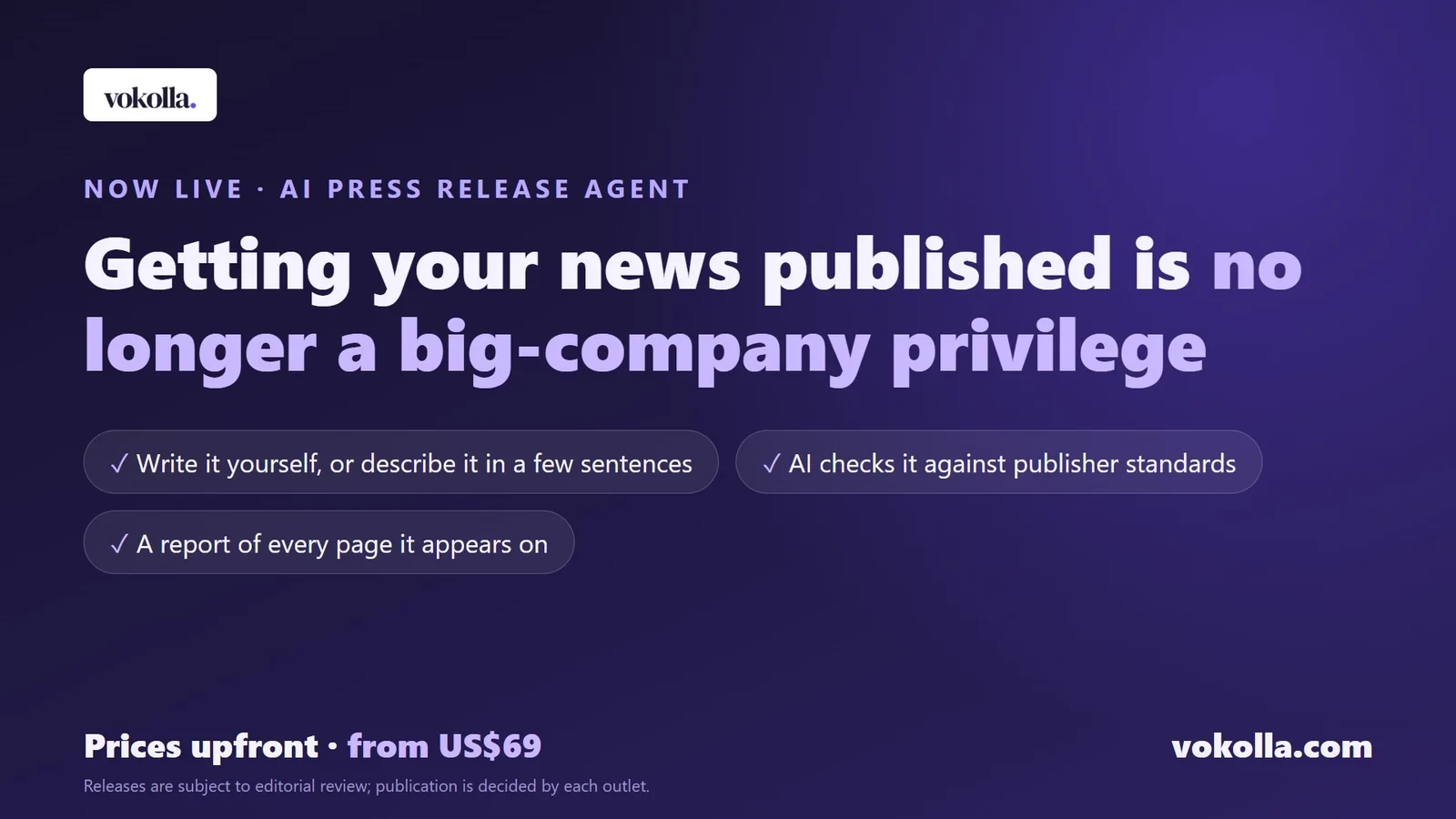 Vokolla Press Release Agent launch graphic: getting your news published is no longer a big-company privilege; write it yourself or describe it in a few sentences, AI checks it against publisher standards, and a report lists every page it appears on; prices upfront from US$69