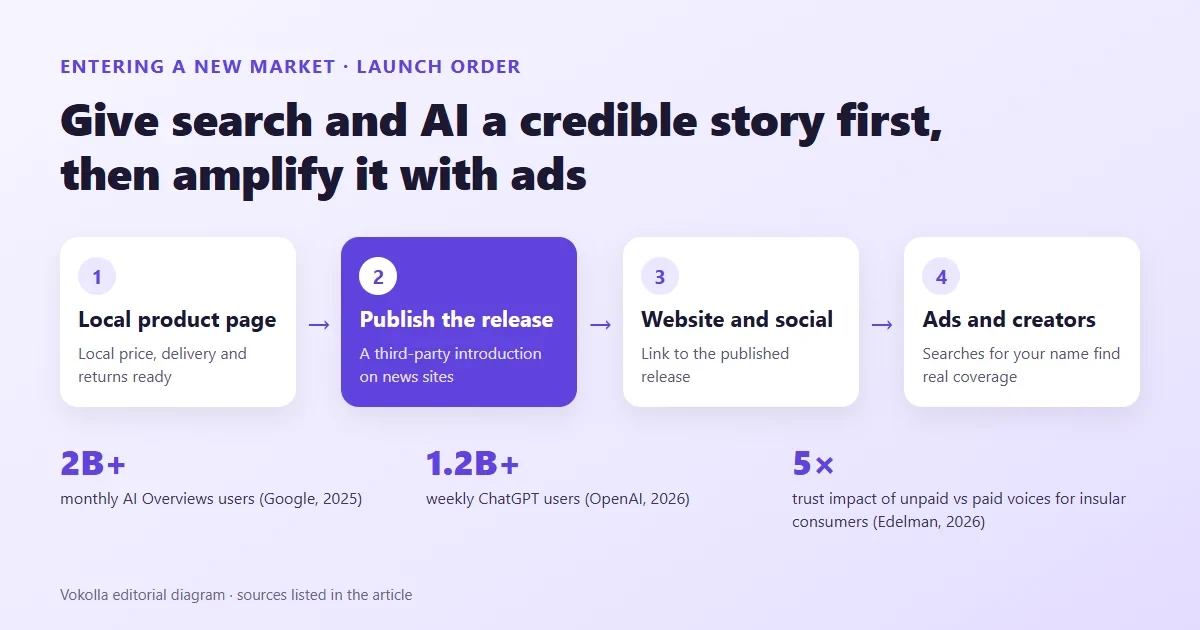 Englisch beschriftete Grafik zur Launch-Reihenfolge beim Markteintritt: lokale Produktseite, Pressemitteilung veröffentlichen, Website und Social Media, dann Anzeigen und Creators; darunter 2 Milliarden monatliche Nutzer der KI-Übersichten, 1,2 Milliarden wöchentliche ChatGPT-Nutzer und die fünffache Wirkung unbezahlter Stimmen.