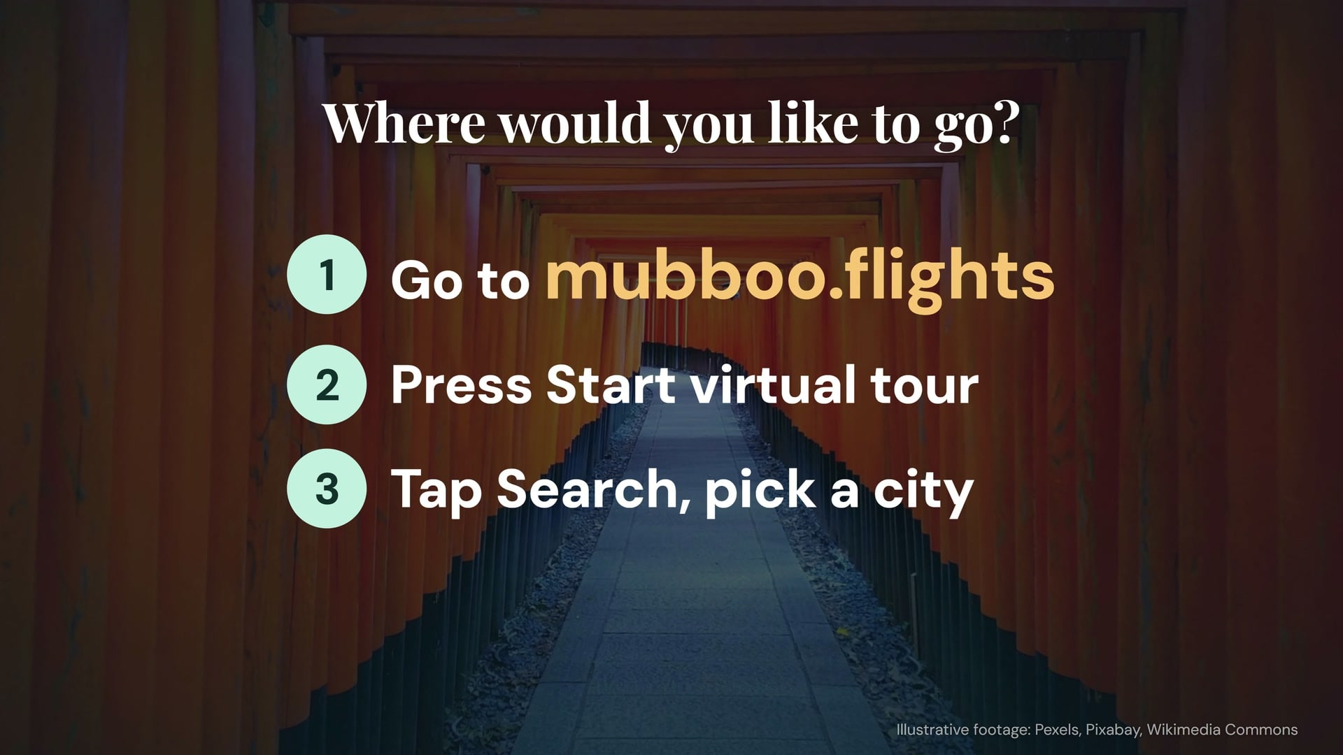 Three numbered steps over a tunnel of red torii gates: Go to mubboo.flights, Press Start virtual tour, Tap Search, pick a cit
