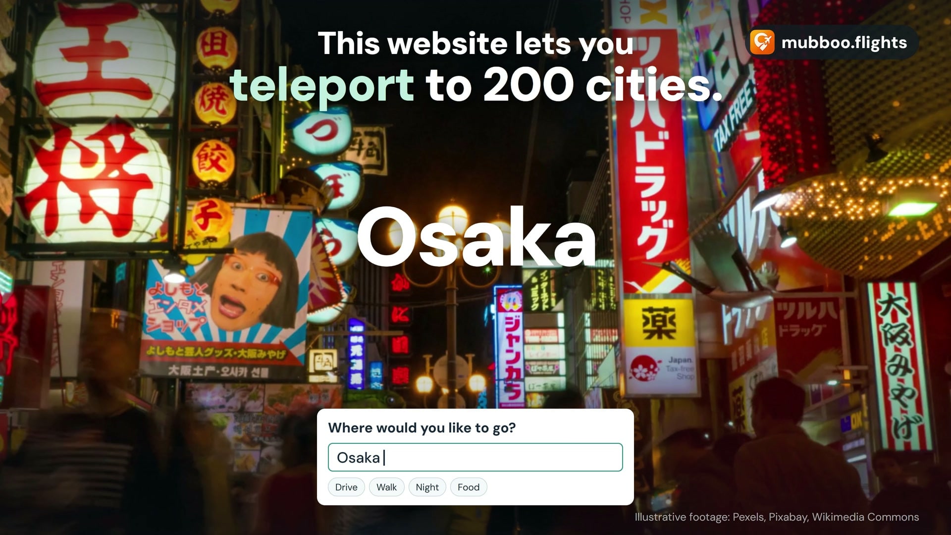 Osaka's Dotonbori neon with the headline "This website lets you teleport to 200 cities" and the Mubboo Flights search card