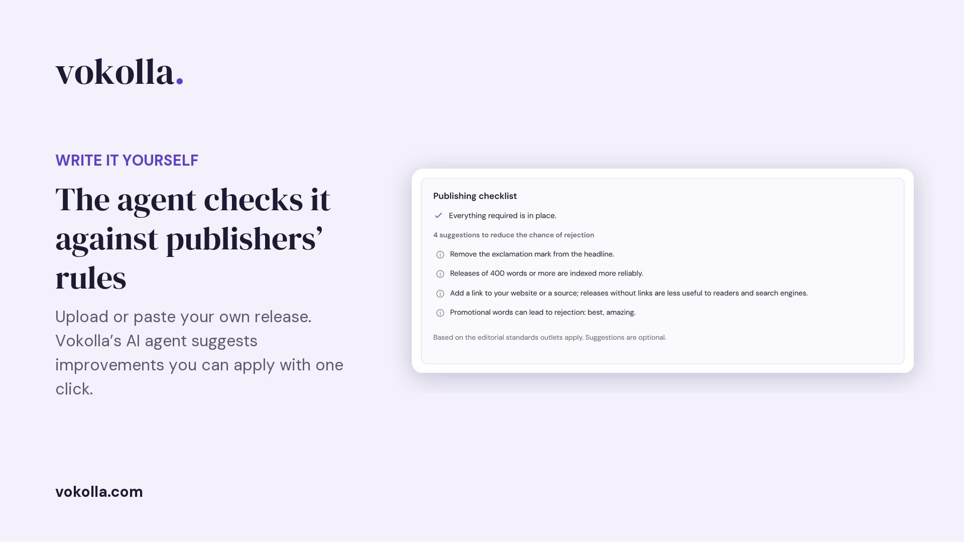 Vokolla's publishing checklist suggesting changes to a press release before it is submitted