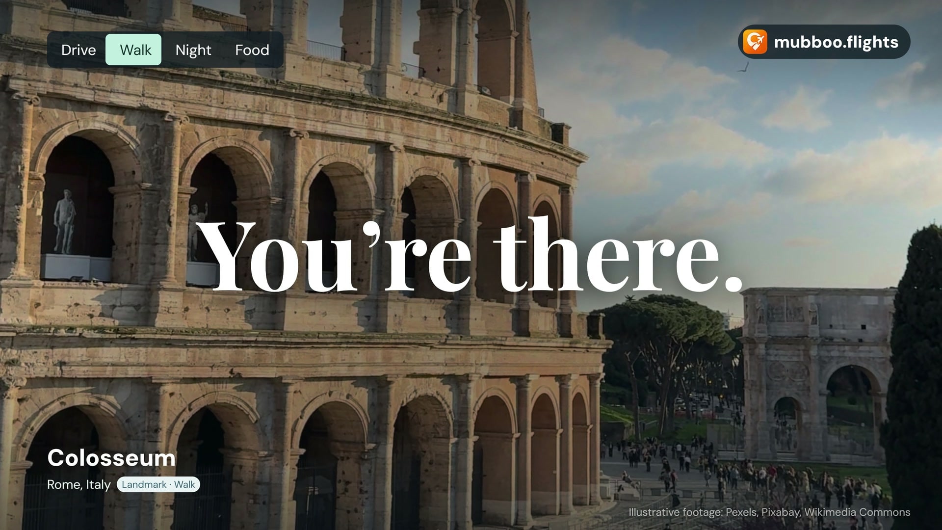 The Colosseum in Rome with the words "You're there." and the player's Drive, Walk, Night and Food controls